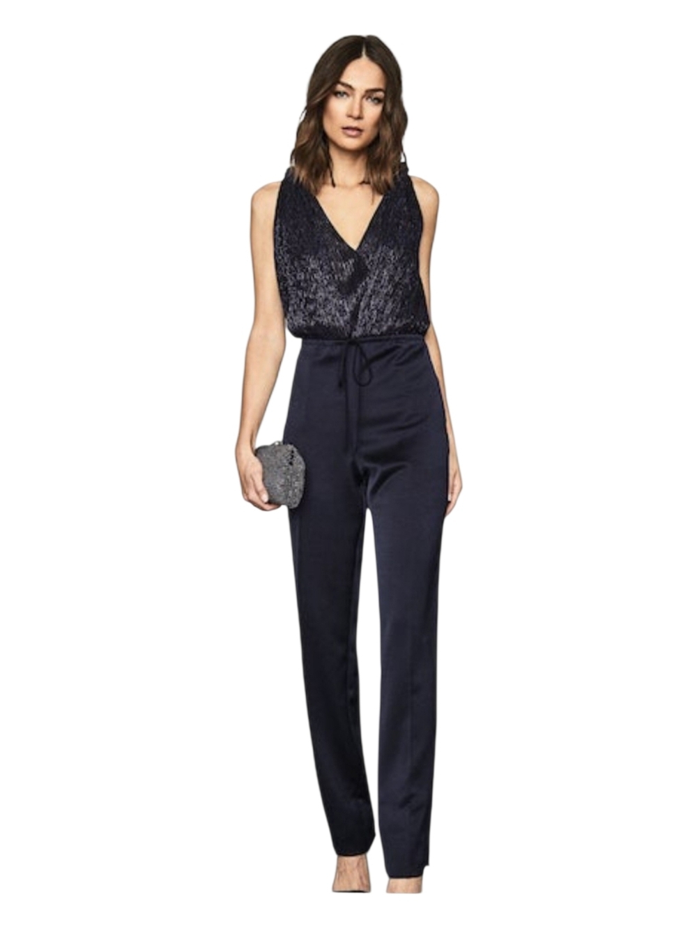 Reiss Margot Metallic & Satin Jumpsuit Navy Size 8 US NWT